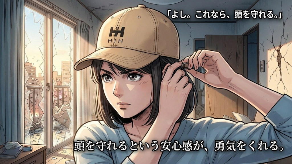 HIHボウメットを装着して頭を守る準備をする帽子型簡易ヘルメットの防災漫画