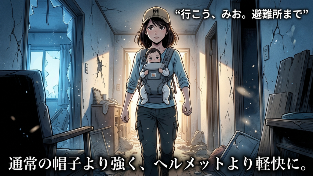 赤ちゃんを抱えて避難所へ向かう母親とボウメットの防災ストーリー漫画