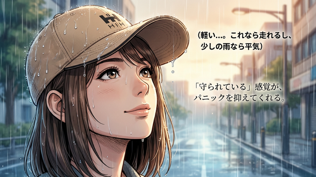 雨の中でも軽く走れる帽子型ヘルメット「ボウメット」の安心感を描いたシーン