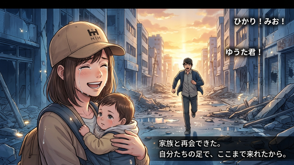 被災後に家族と再会する場面とHIHボウメットの防災ストーリー漫画