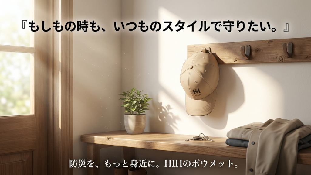 玄関に掛けて備えるHIHボウメットのある暮らしと日常防災のイメージ