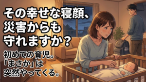 alt="「その幸せな寝顔、災害からも守れますか？」赤ちゃん（みお）を不安げに見つめる母（ひかり）と、防災リュックを持つ父（ゆうた）を描いた、HIH防災漫画記事のアイキャッチ画像"
