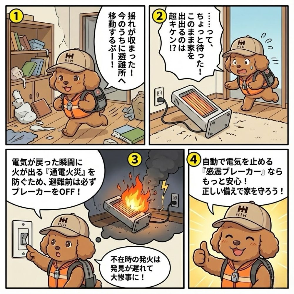 地震のあとに電気が戻ることで起こる通電火災と、避難前にブレーカーを切る大切さを伝える漫画