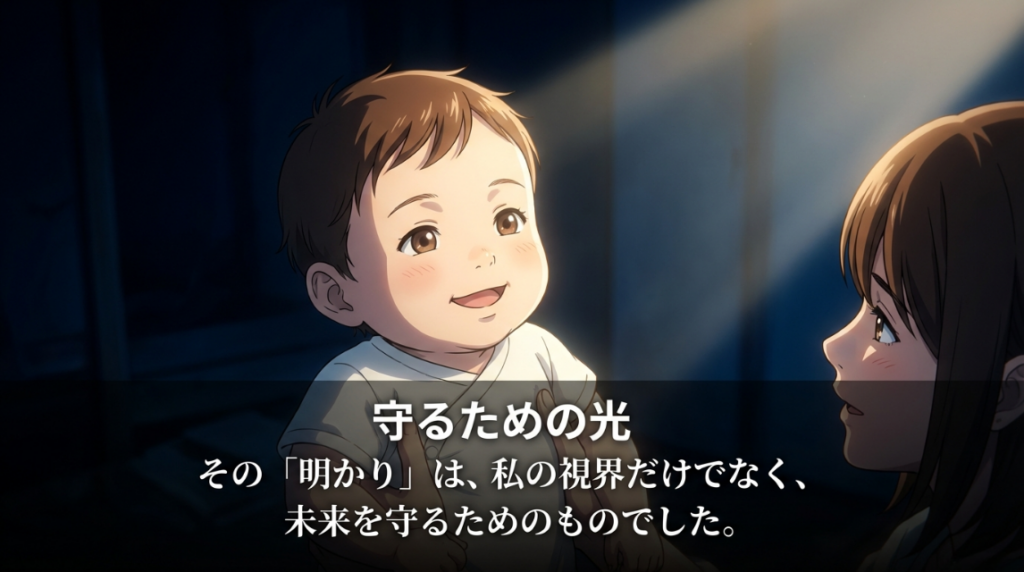 光に照らされて笑顔を見せる赤ちゃんと、それを見守る母親。守るための光、未来を守るためのものというモノローグ。