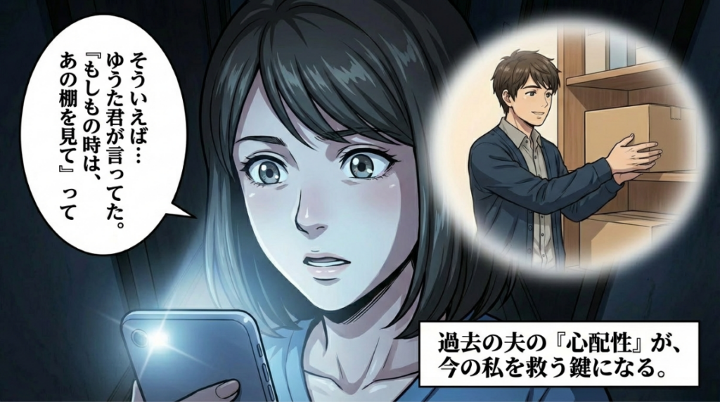 夫の言葉を思い出し、ハッとする母親。過去の夫の心配性が今の自分を救う鍵になるというモノローグ。