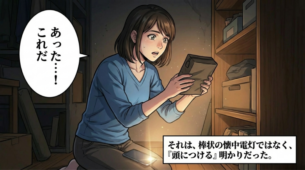 夫が教えてくれた棚から、防災ポーチを見つけ出した母親。中に入っていたのは懐中電灯ではなく、頭につけるヘッドライトだったという発見のシーン。