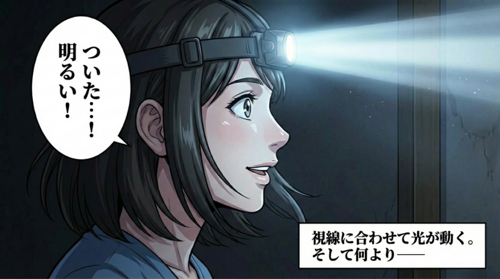 ヘッドライトを装着し、視界が明るくなった母親の横顔。視線に合わせて光が動き、両手が自由になったことへの驚きと喜び。