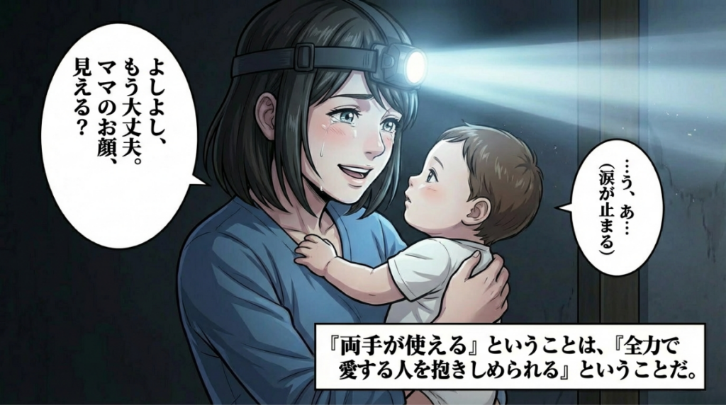 暗闇の中、ヘッドライトの光で母親の顔を見て泣き止む赤ちゃんと、涙を流しながら両手でしっかりと赤ちゃんを抱きしめる母親。