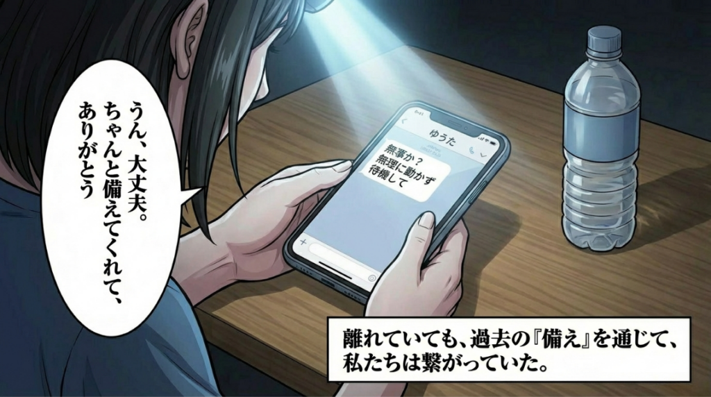 ヘッドライトで手元を照らし、夫からの安否確認メッセージに返信する母親。離れていても過去の備えを通じて繋がっているという実感。
