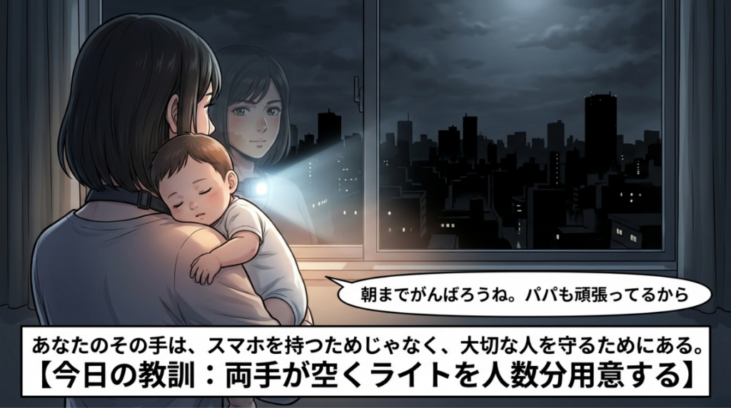窓の外の暗い街並みを背景に、赤ちゃんを寝かしつける母親。スマホを持つためではなく大切な人を守るために手があるという教訓と、両手が空くライトの推奨メッセージ。