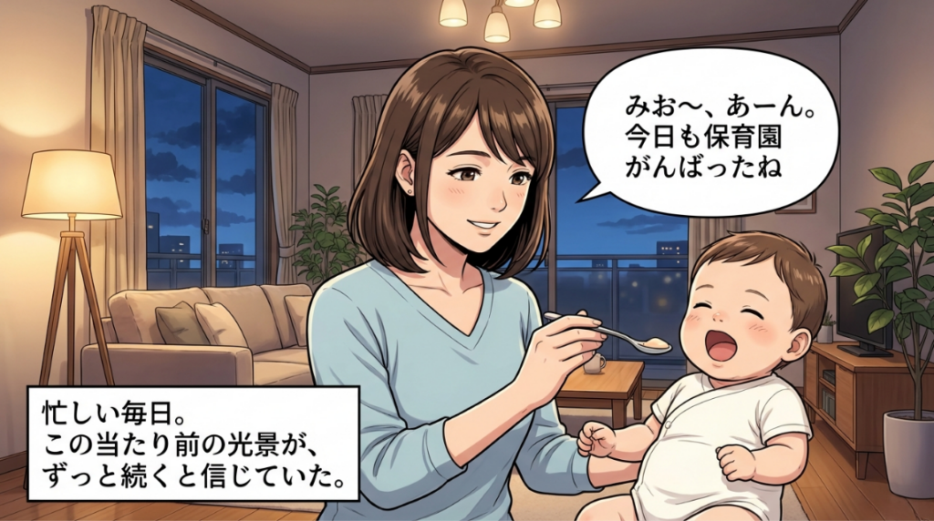 夜の自宅で赤ちゃんに離乳食をあげる母親。幸せな日常がずっと続くと信じていたというモノローグ。