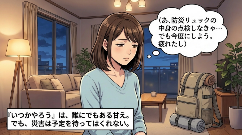 防災リュックを前に、疲れて点検を後回しにしてしまう母親。災害は予定を待ってくれないという警告のメッセージ。