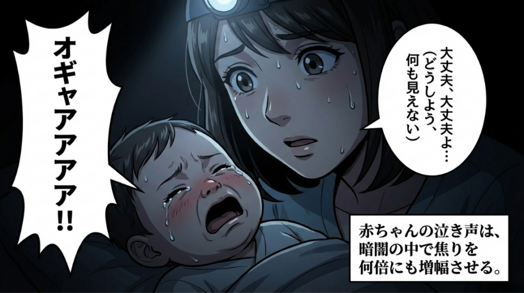 暗闇の中で泣き叫ぶ赤ちゃんと、ヘッドライトをつけ、不安そうな表情で赤ちゃんをあやそうとする母親。