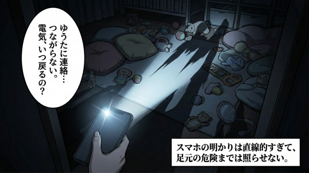 スマートフォンのライトで照らされた散らかった部屋の床。スマホの明かりでは足元の危険まで照らせないという描写。