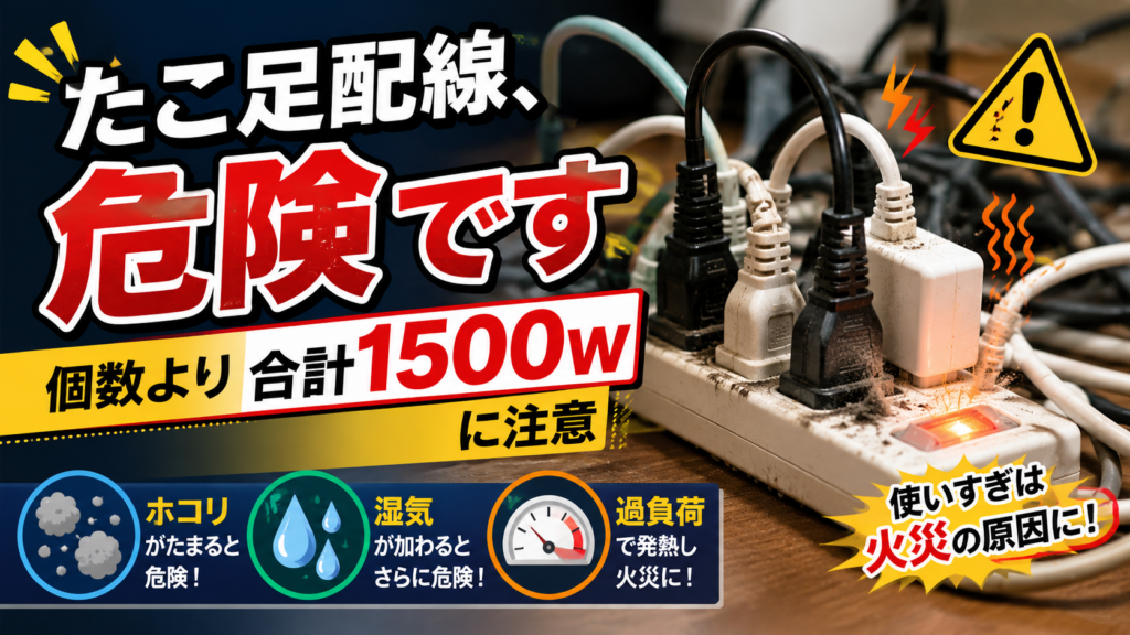 たこ足配線の危険性を示し、個数より合計1500Wに注意すべきことを伝える電源タップの警告画像