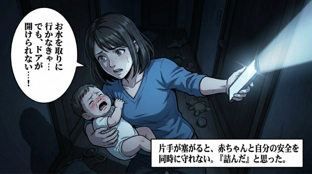 片手に赤ちゃん、片手にスマホを持ち、身動きが取れず困惑する母親。ドアも開けられず、詰んだと感じている様子。