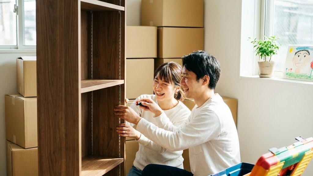 引っ越し直後の部屋で家具固定作業を行う日本人夫婦