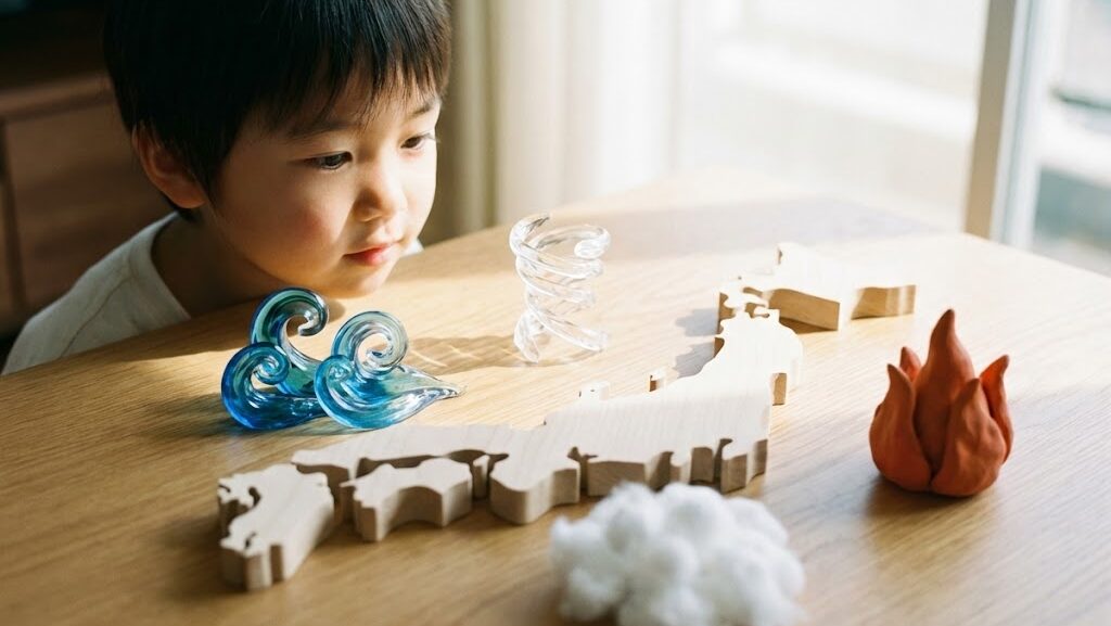 日本列島模型と自然現象のミニチュアを並べて災害の種類を学ぶ家庭学習の風景