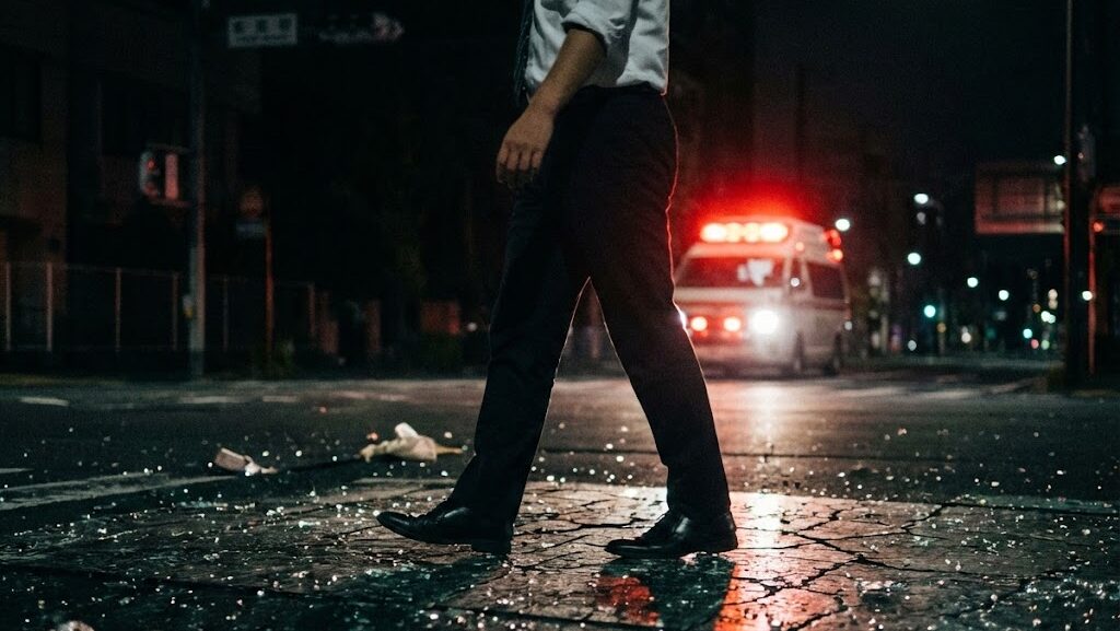 停電した夜の街を慎重に歩く帰宅途中の会社員と危険な道路状況