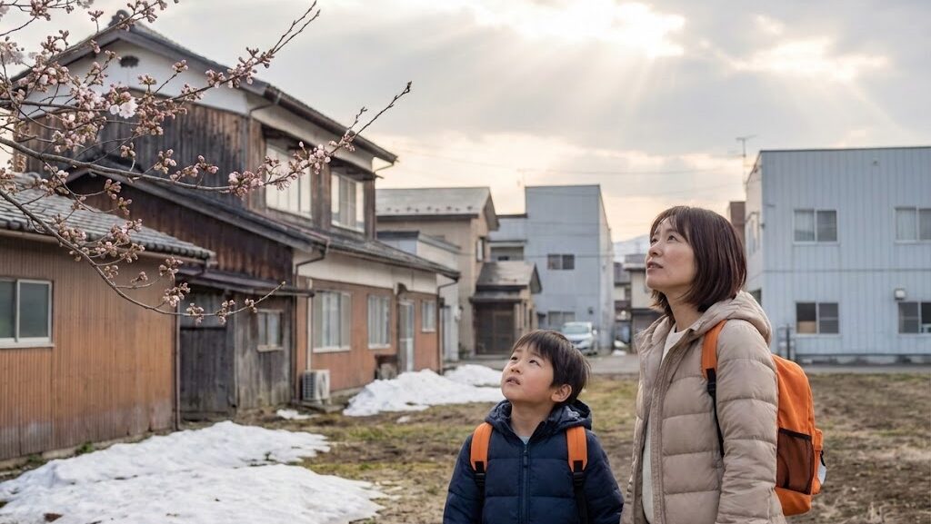 早春の街で空を見上げながら防災について考える日本人の親子の様子