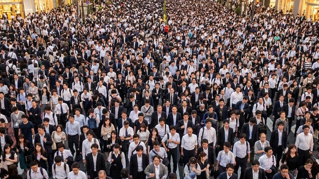 首都圏の大通りにあふれる帰宅困難者の人々を俯瞰で捉えた様子