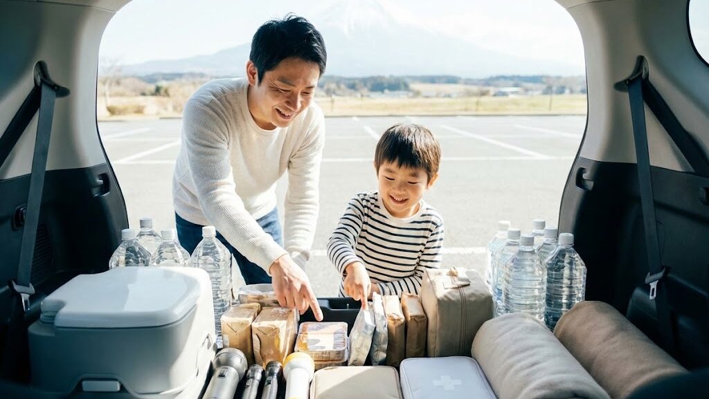 車のトランクで防災グッズを確認する家族の様子|車載用防災グッズの基本