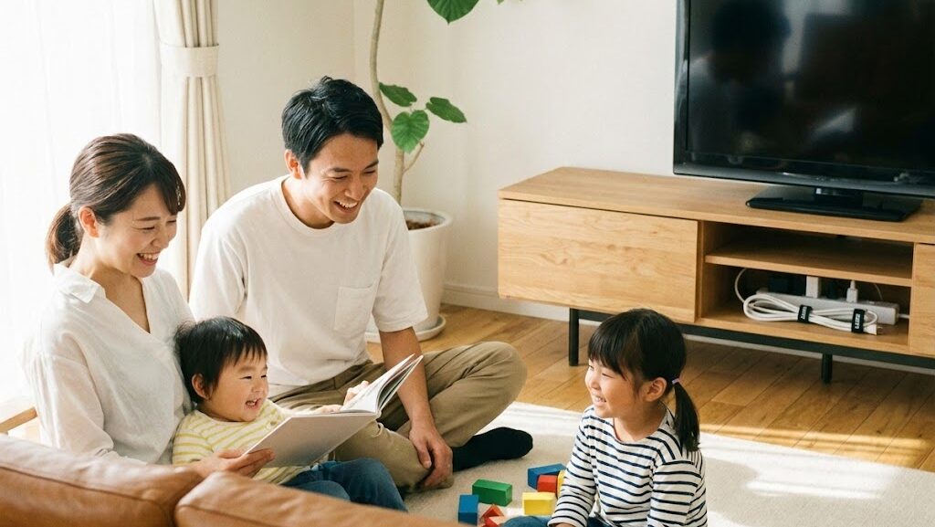 配線が整理されたリビングで安心して過ごす家族