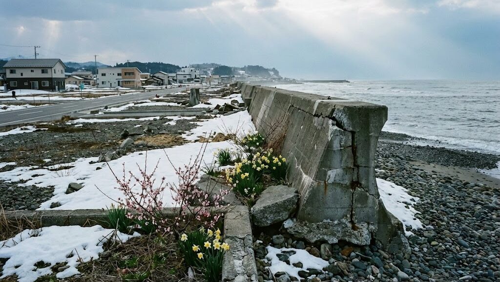 震災で崩れたコンクリートの防波堤の隙間に咲く黄色い水仙とピンクの花。残雪がある海岸の向こうには、復興した住宅地と雲間から光が差す海が広がっている。