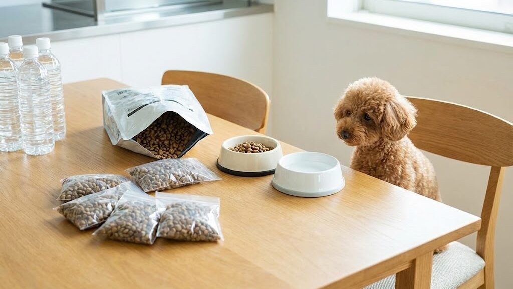ペット用フードと飲料水を備蓄している様子