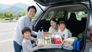 車載用防災グッズを揃える家族
