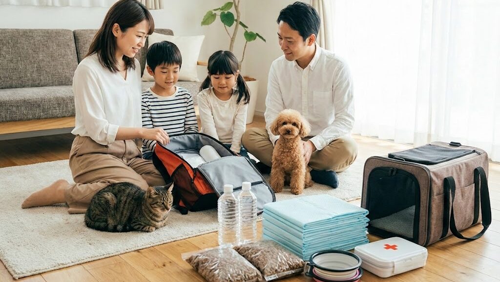 犬と猫の防災グッズをリビングで準備している家庭の様子