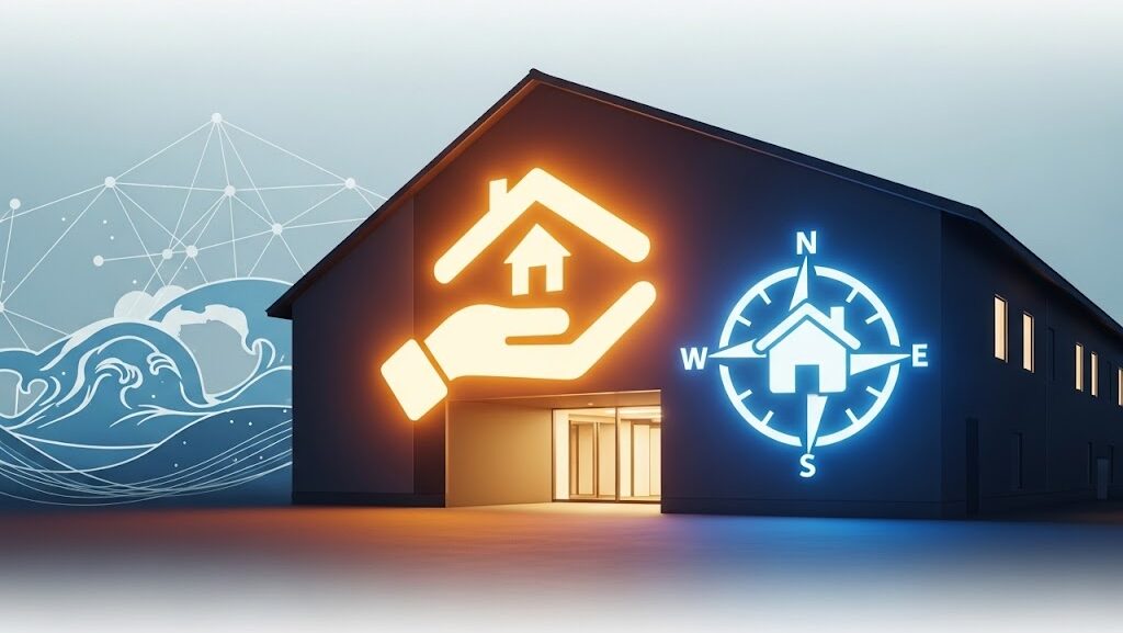 災害から命を守り、帰宅困難者を支援する防災施設のイメージイラスト。津波を連想させる波の模様の横に、安全な場所を示す建物があり、保護を象徴する手と家のアイコン、方向を示す方位磁針のアイコンが光っている。