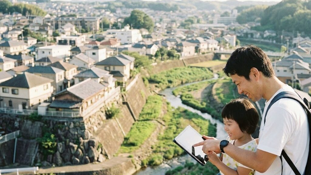 液状化リスクを考えながら住宅地の土地選びをする家族の様子