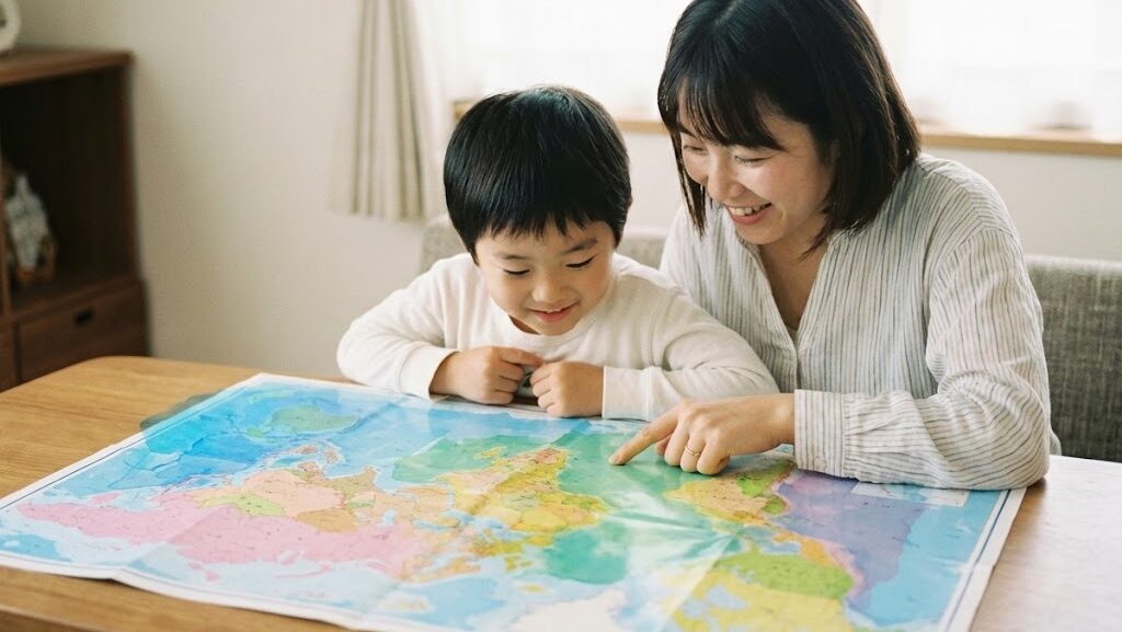 ハザードマップを見て液状化リスクを確認する親子のイメージ