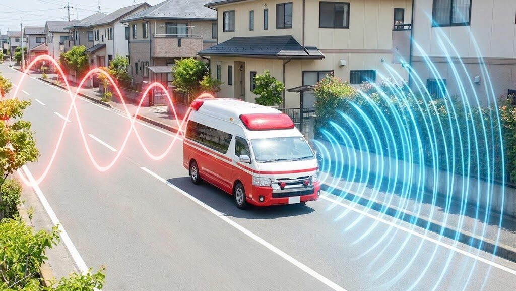 救急車が近づくと高く遠ざかると低く聞こえるドップラー効果のイメージ