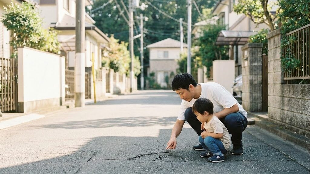 道路のひび割れを観察して地盤状況を確認する親子