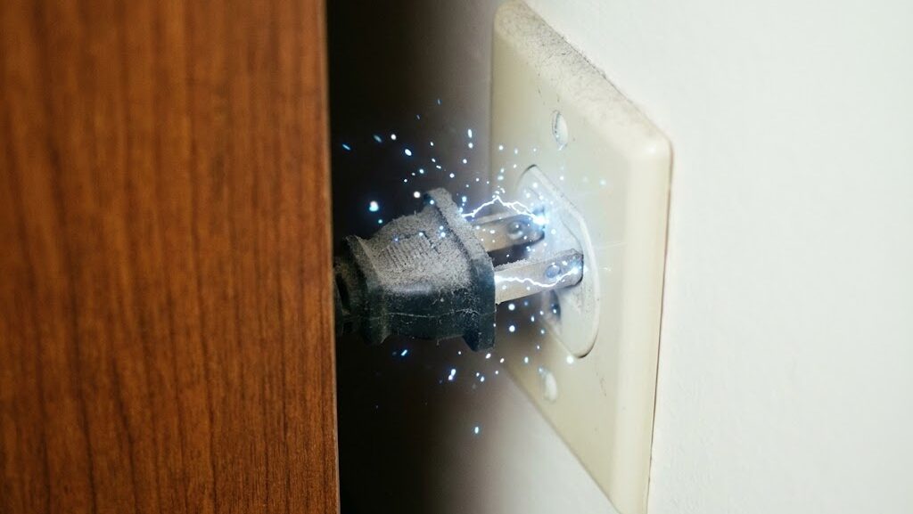 ホコリが溜まったコンセント周りの火災リスクイメージ