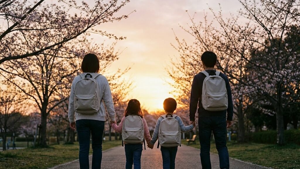 夕暮れの公園を防災リュックを背負って歩く家族の後ろ姿