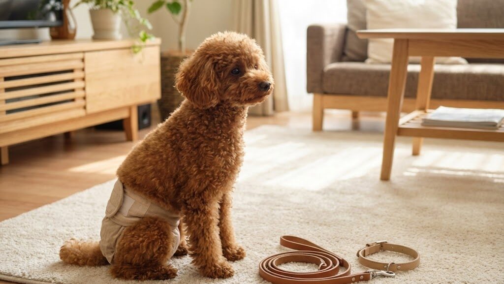 マナーウェアを着用した犬と予備リード