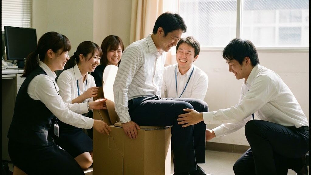 オフィスで簡易トイレを組み立てる実践的な防災訓練