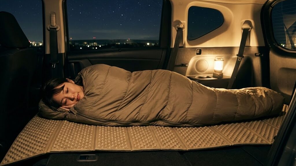車中泊避難で寝袋を使用する様子|寒さ対策を意識した防災イメージ
