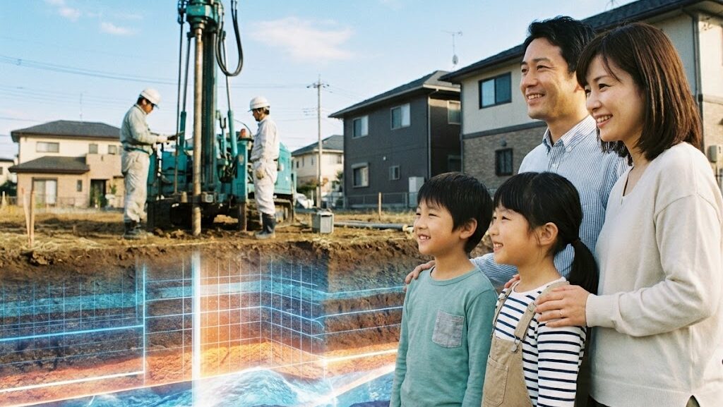 地盤調査と液状化対策工事の様子を見守る家族