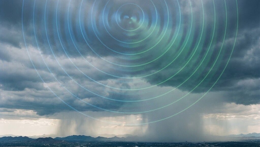 気象ドップラーレーダーによる雨雲観測のイメージ