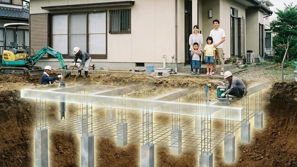 住宅の地盤補強工事を見守る家族のイメージ
