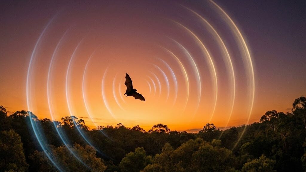 コウモリが超音波で周囲を把握するエコーロケーションのイメージ