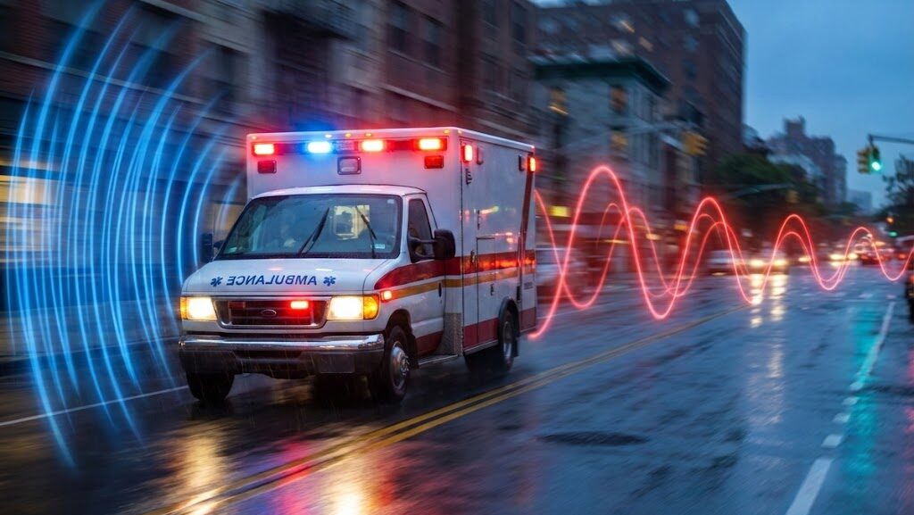 alt="夜の雨に濡れた街路をサイレンを鳴らして疾走する救急車。前方には青く短い波長、後方には赤く長い波長の音波が視覚化され、ドップラー効果を表現している。"