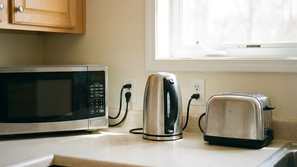 キッチン家電を壁コンセントに分けて接続する様子