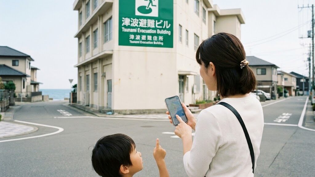 スマートフォンを見ながら周囲を確認する親子の様子