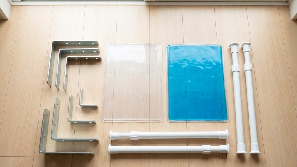 L字金具や耐震マットなど家具固定グッズを並べたイメージ