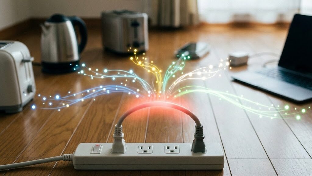 電源タップに集中する電力負荷をイメージした配線状況